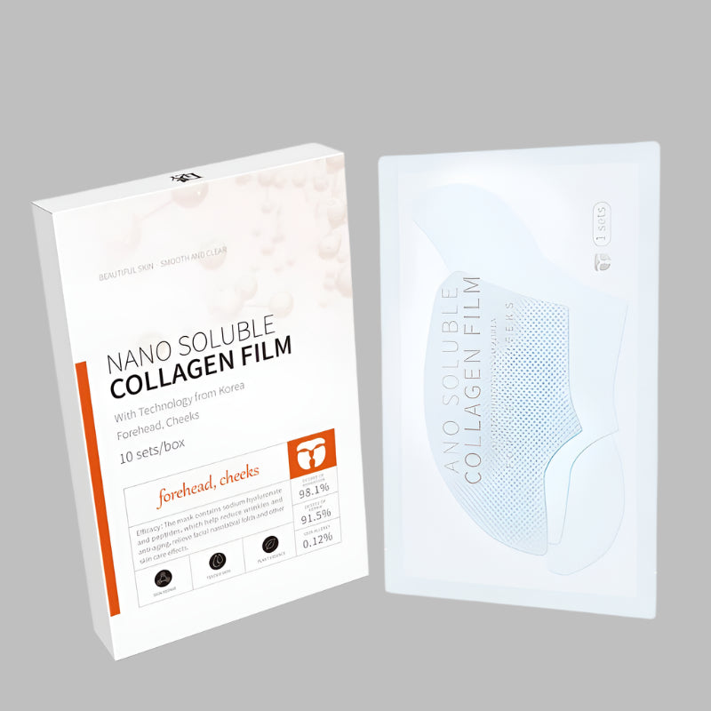 Woman wearing a collagen hydrogel mask, relaxing at home