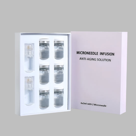 Vellura Microinfusion System – microneedling device with glass serum bottle on background
